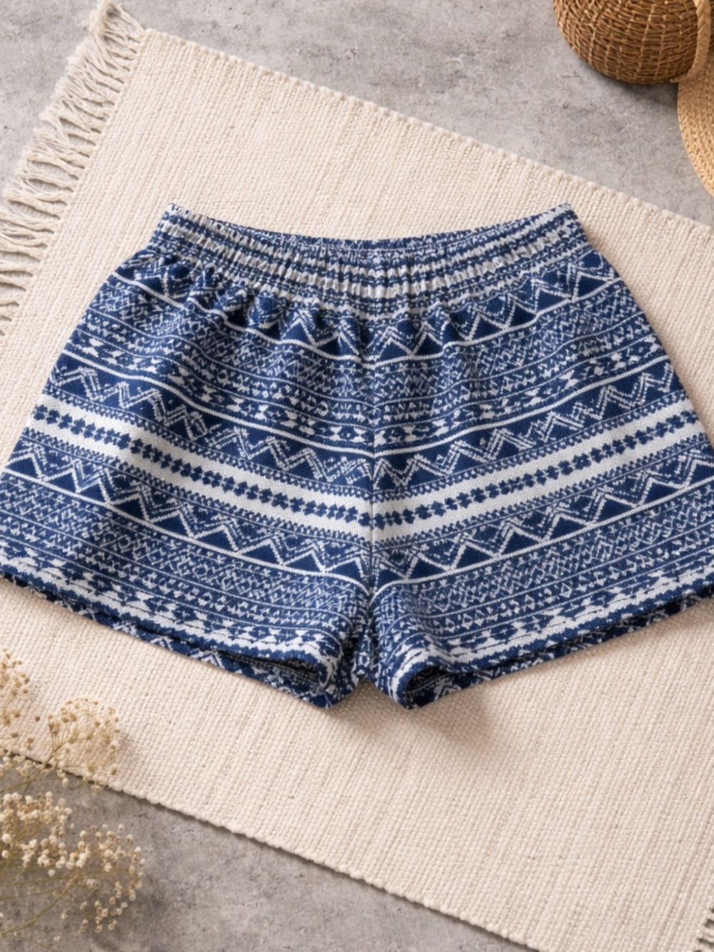 Umgee Blue and White Patterned High Waist Knit Shorts